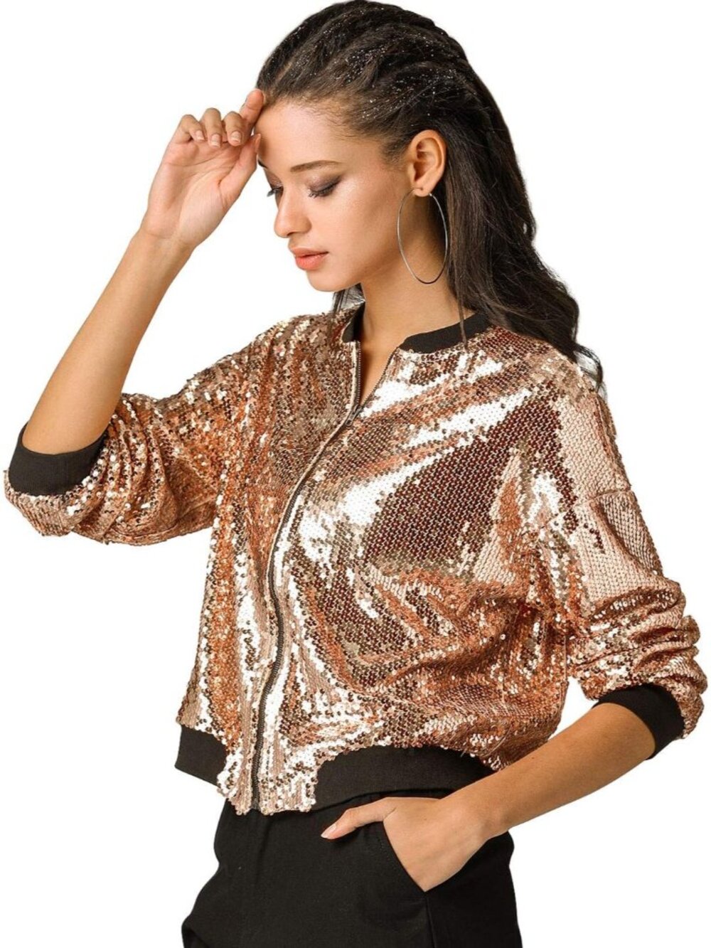 Women's Rose Gold Sequin Jacket Bomber Long Sleeve Zipper Shiny Glitter Outfits